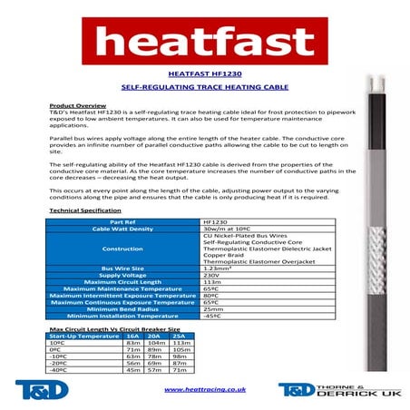 Heatfast HF1230 Heat Tracing Cable - Spec Sheet