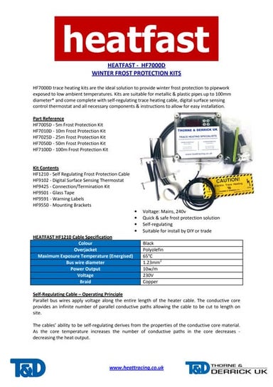 Heatfast HF7005D Heat Tracing Cable Kits- Spec Sheet