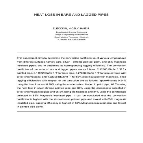 Heat loss in bare and lagged pipes