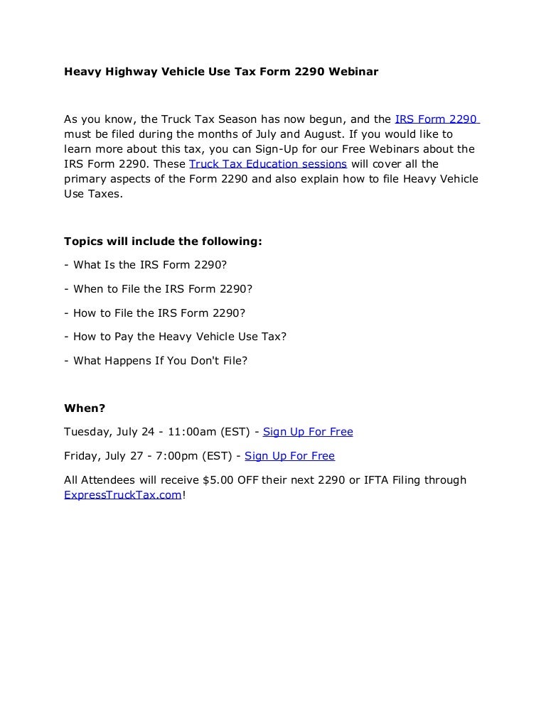 Heavy highway vehicle use tax form 2290 webinar