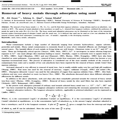 Pakistan;  Removal of heavy metals from Water Through Adsorption Using Sand