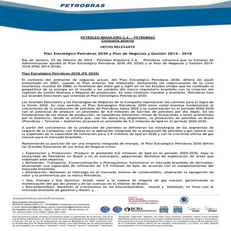 Hecho Relevante: Plan Estratégico Petrobras 2030 y Plan de Negocios y Gestión 2014 - 2018