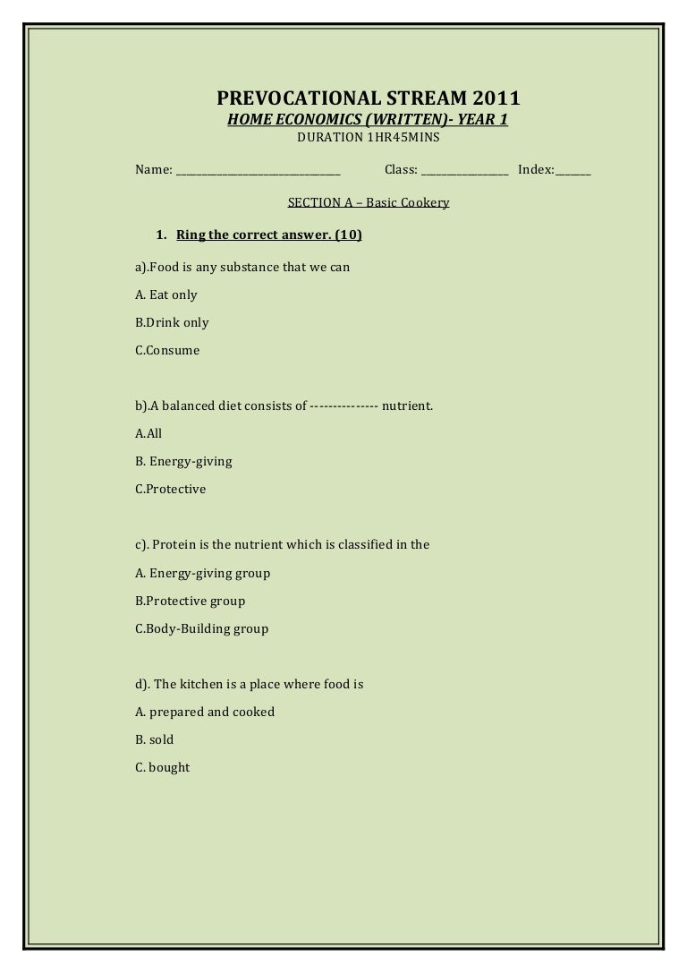 Home Economics Midyear 2011 exam paper