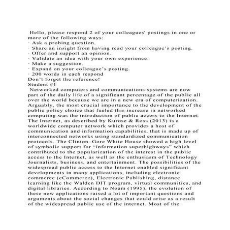  Hello, please respond 2 of your colleagues postings in one or mo.docx