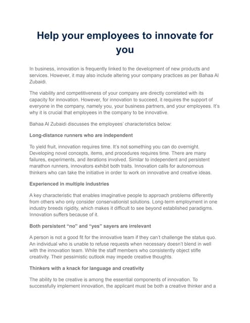 Help Your Employees To Innovate For You Bahaa Al Zubaidi Pdf Help Your Employees To Innovate For You Bahaa Al Zubaidi Pdf
