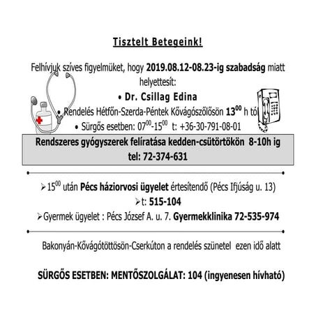 Háziorvos helyettesítés 2019.0812-23.