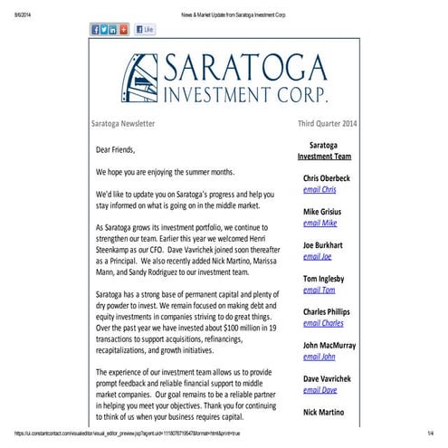 Henri Steenkamp: Q4 Saratoga Newsletter