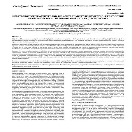 Hepatoprotective activity and sub acute toxicity study of whole part of the p...