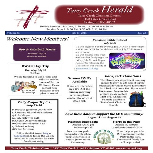 Tates Creek Christian Church Herald for July 21, 2015