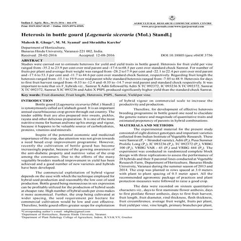 Heterosis in bottle gourd [lagenaria siceraria (mol.) standl.]