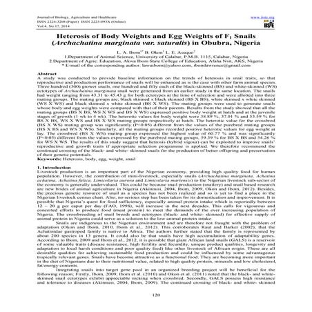 Heterosis of body weights and egg weights of f1 snails (archachatina marginat...