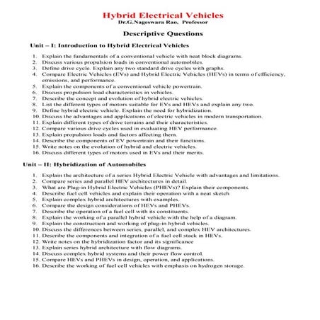 Hybrid Electric Vehicles Descriptive Questions