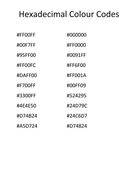 Hexadecimal Colour Codes Pdf Hexadecimal Colour Codes Pdf