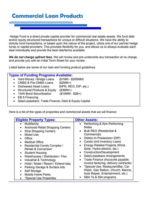 Commercial Funding Summary