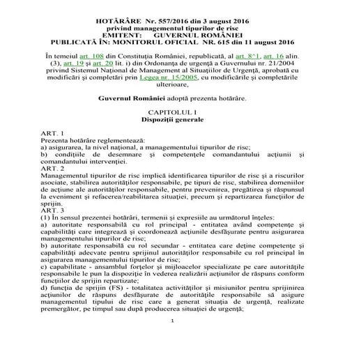 H.G. nr. 557 din 2016 managementul  riscurilor