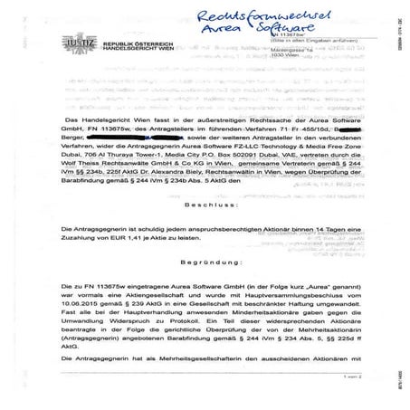 HG Wien zum Rechtsformwechsel Aurea Software