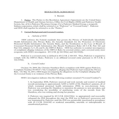 Parkview HIPAA Settlement - Resolution Agreement