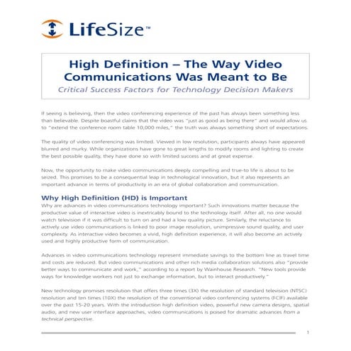 High Definition – The Way Video Communications Was Meant to Be