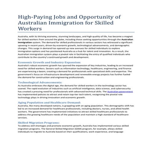 High-Paying Jobs and Opportunity of Australian Immigration for Skilled Worker...