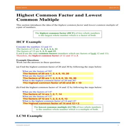 Highest common factor and lowest common multiple