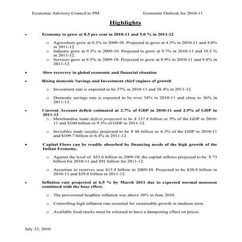 Highlights 2010 11 Economic Outlook