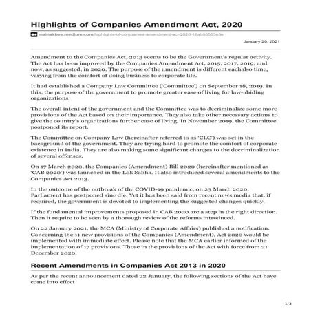 Highlights of companies amendment act, 2020