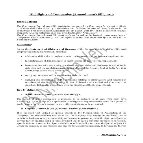 Highlights of Companies (Amendment) Bill, 2016