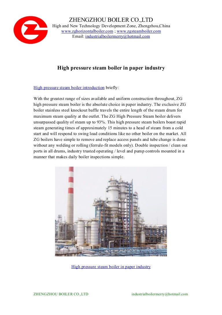 High pressure steam boiler in paper industry