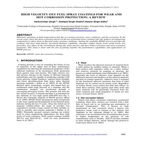 High velocity oxyfuel spray coatings for wear and corrosion protection a review
