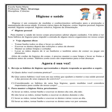 Texto e atividade  sobre Higiene e saúde
