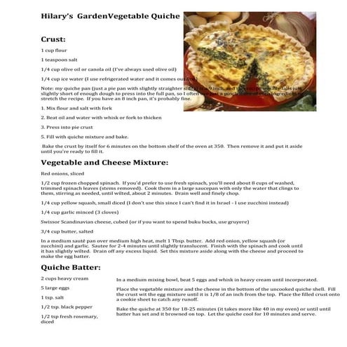 Hilary’s  garden vegetable quiche