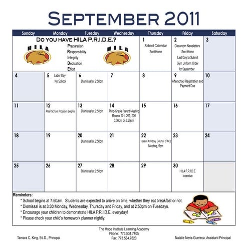 HILA September 2011 Calendar 
