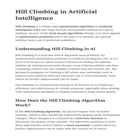 Hill Climbing in Artificial Intelligence | PDF