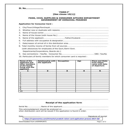 Himachal pradesh ration card Application Form | DOC