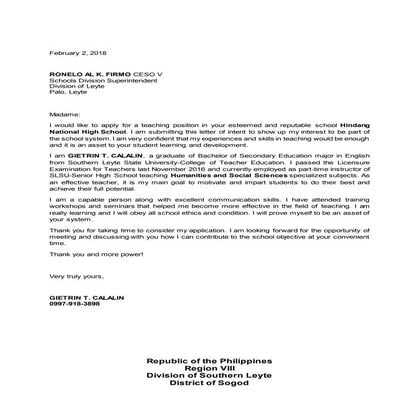 Letter of intent teaching position | DOCX
