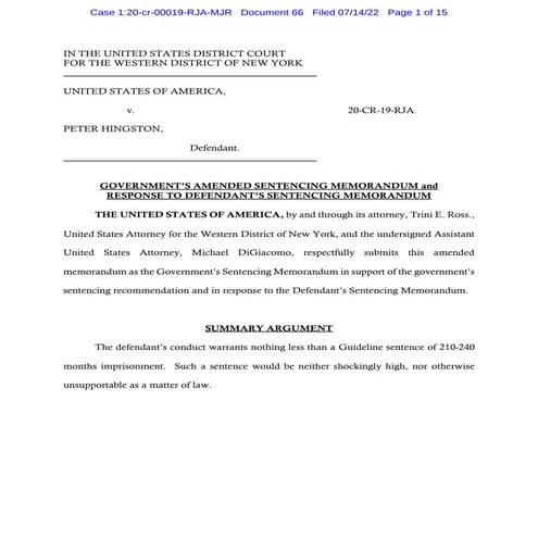 PETER HINGSTON SENTENCING MEMO