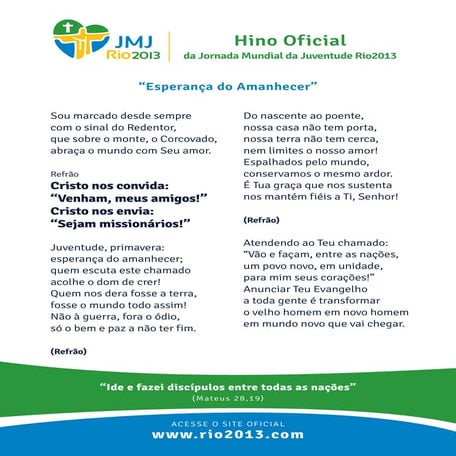 Hino JMJ Rio "Esperança do Amanhecer" | PDF