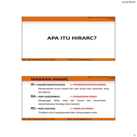 Hazard Identification, Risk Assessment and Risk Control (HIRARC) Malay version