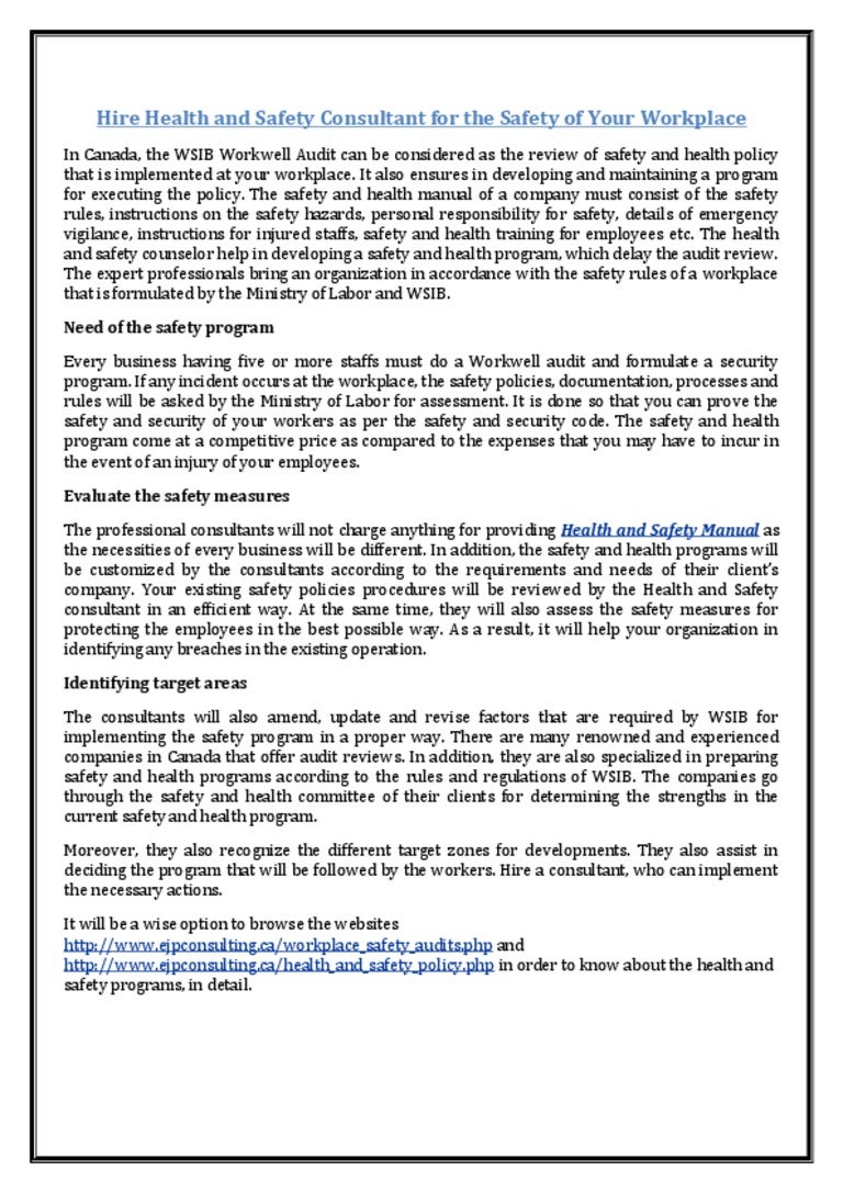 Hire health and safety consultant for the safety of your workplace