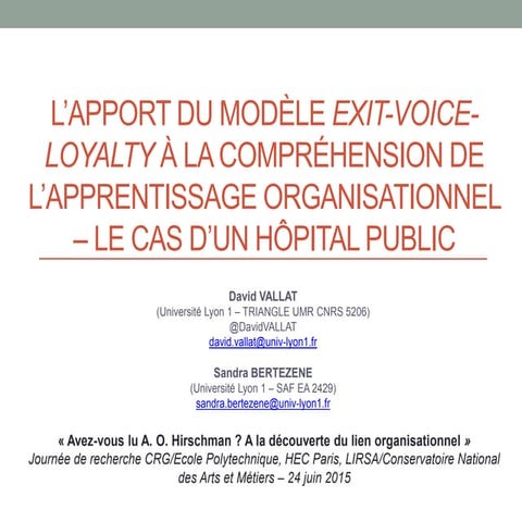 Hirschman et l'apprentissage organisationnel 2015 Vallat Bertezene