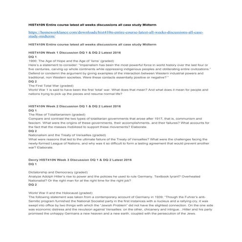 Hist410 n entire course latest all weeks discussions all case study midterm