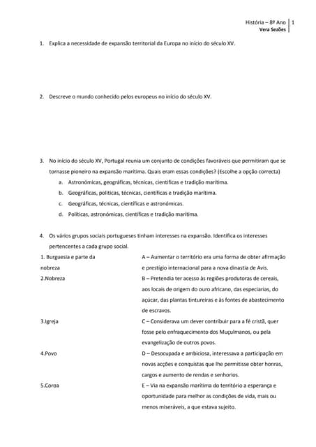 Exercícios de História - 8º Ano