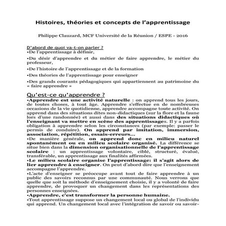 Histoire théories & concepts de l'apprentissage, par Philippe Clauzard