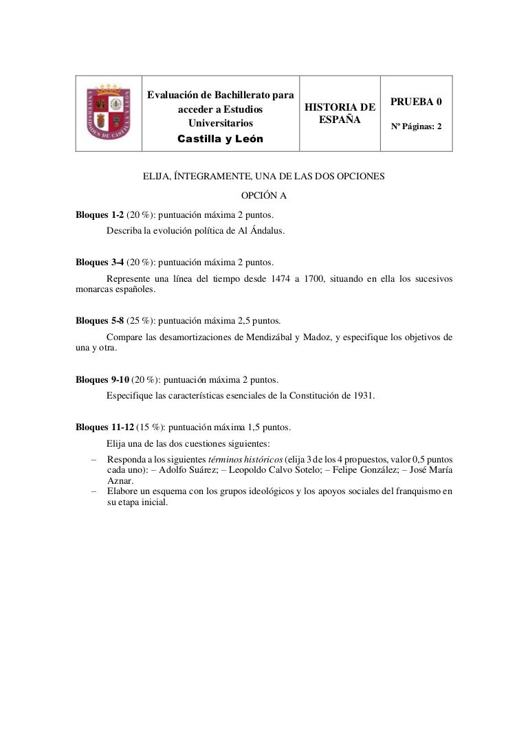 Modelo 0 de examen EBAU Historia de España Castilla y León Modelo 0 de examen EBAU Historia de España Castilla y León
