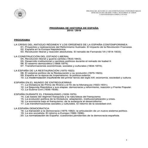 Historia de Espana programa 2018 2019