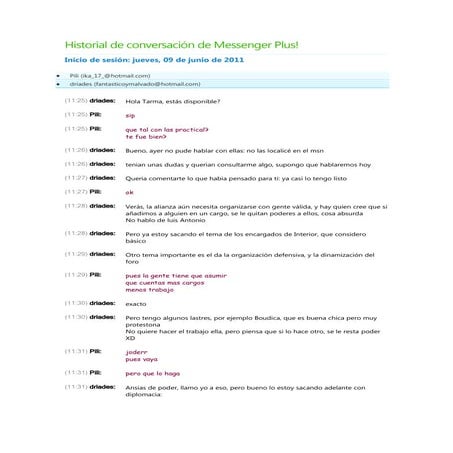 Historial de conversación de messenger plus