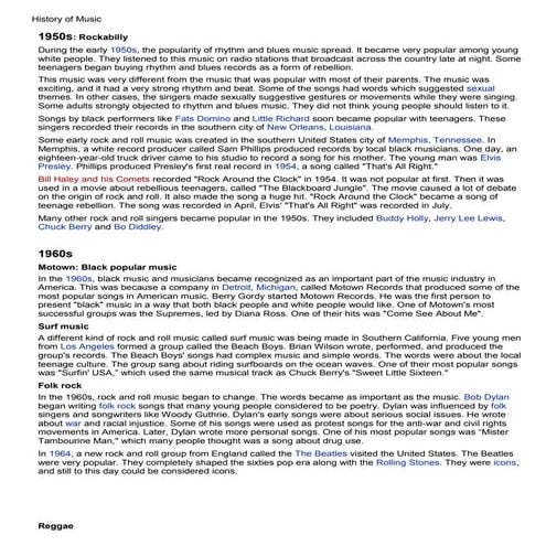 History of music    50s 60s etc