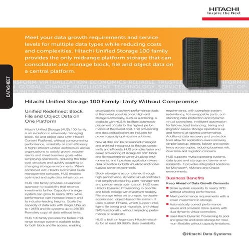 Hitachi Unified Storage 100 Family: Unify Without Compromise -- Datasheet