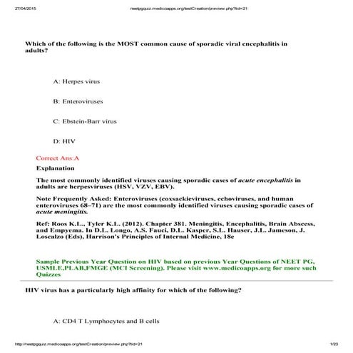 Hiv aids sample questions based on neet pg , usmle, plab and fmge pattern (mc...