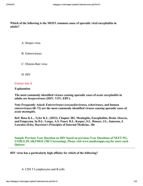 Hiv aids sample questions based on neet pg , usmle, plab and fmge pattern (mc...